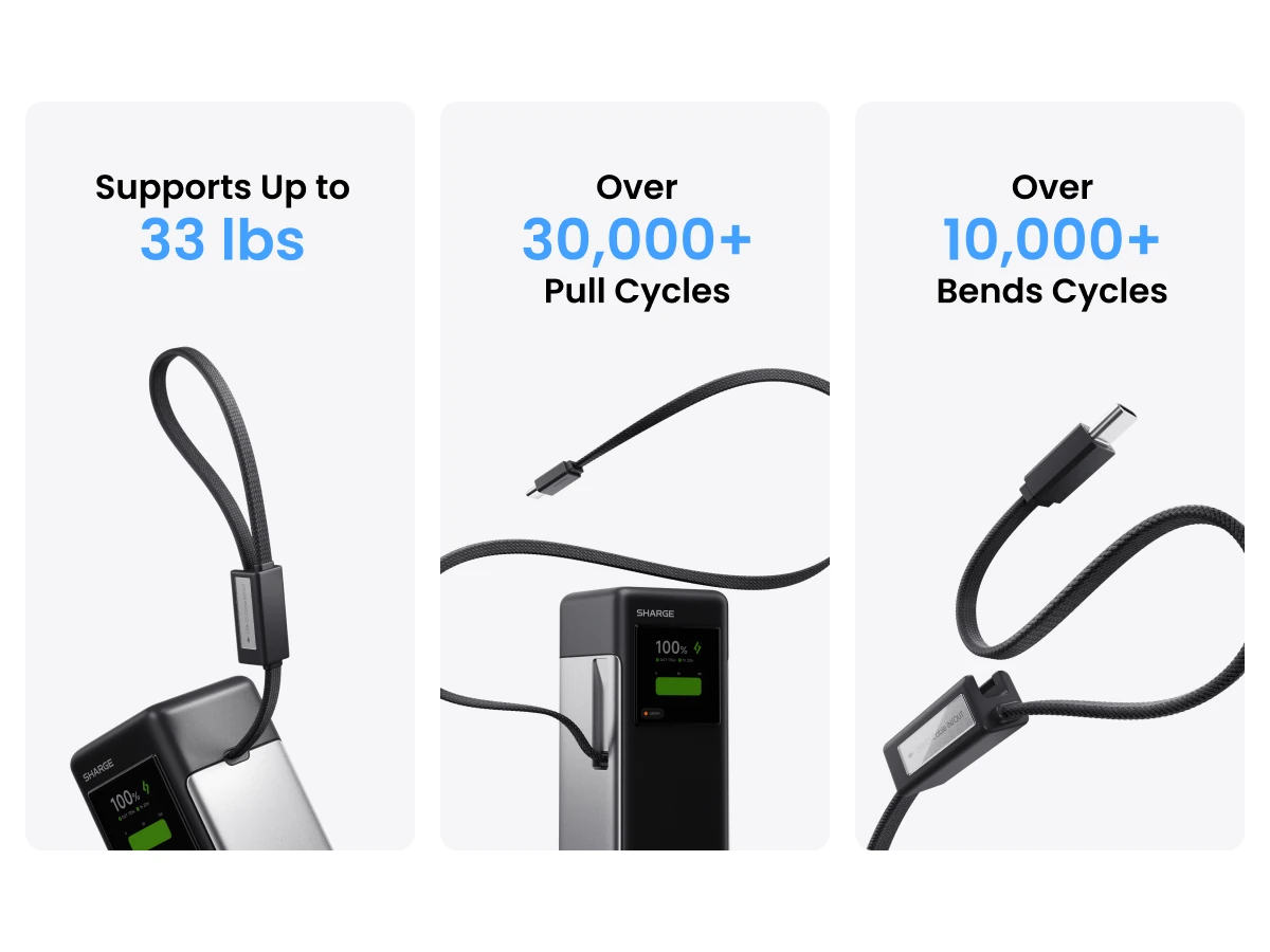 Built-in dual cables: 33 lb support, 30,000 pull cycles, 10,000 bend cycles
